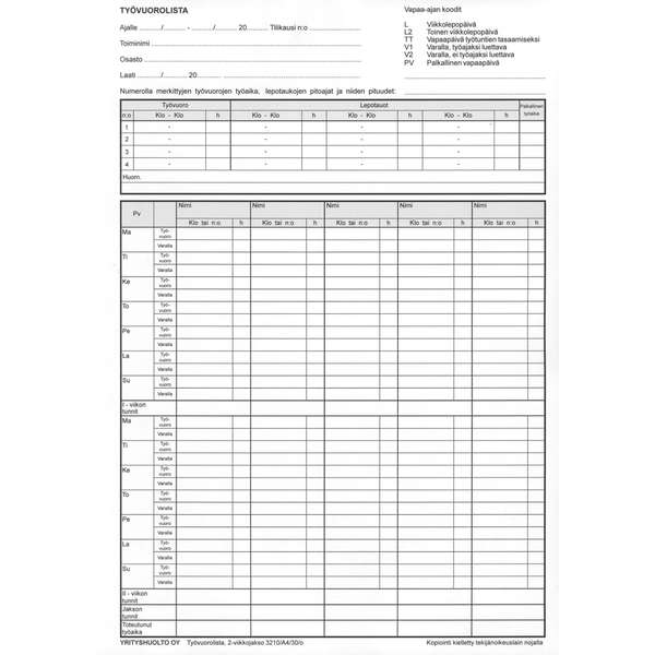 Työvuorolista 2-viikkojakso A4