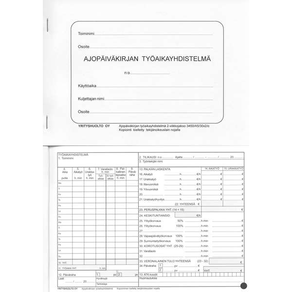 Ajopäiväkirjan työaikayhdistelmä A5 2-viikojakso