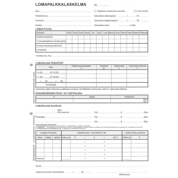 Lomapalkkalaskelma A4