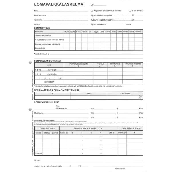 Lomapalkkalaskelma A4