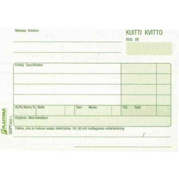 Kuitti/Kvitto A6 Copy 600L